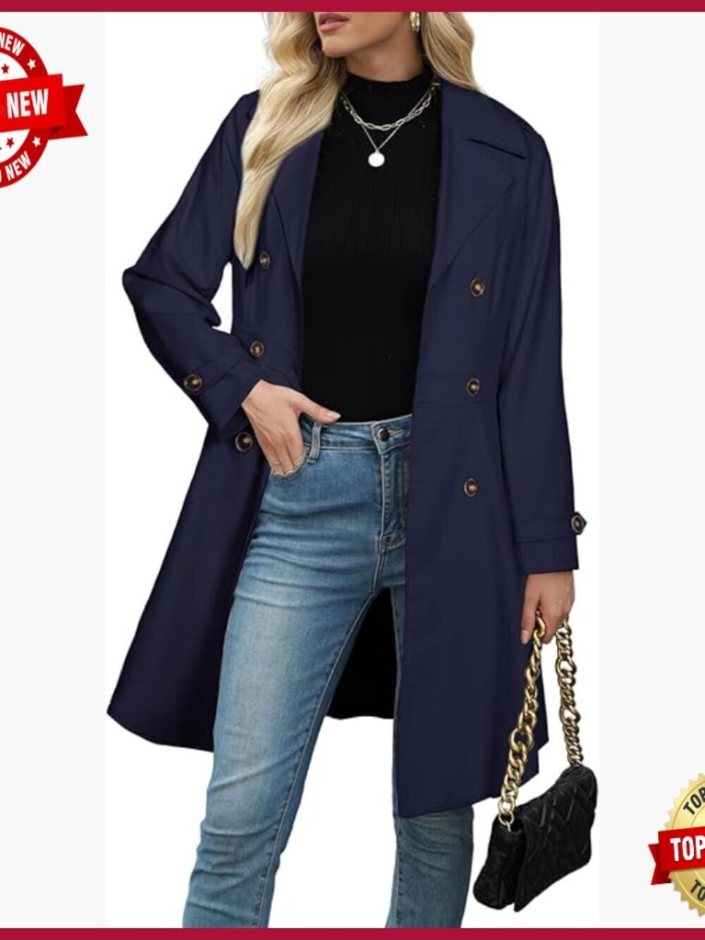 Women's Trench Coat Double-Breasted Long Sleeve Mid-Thigh Lightweight